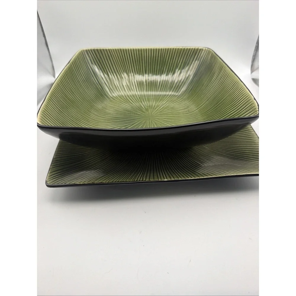 Joseph Abboud Ventana Green 2 Pc Square Serving Bowl & Platter Set Ribbed